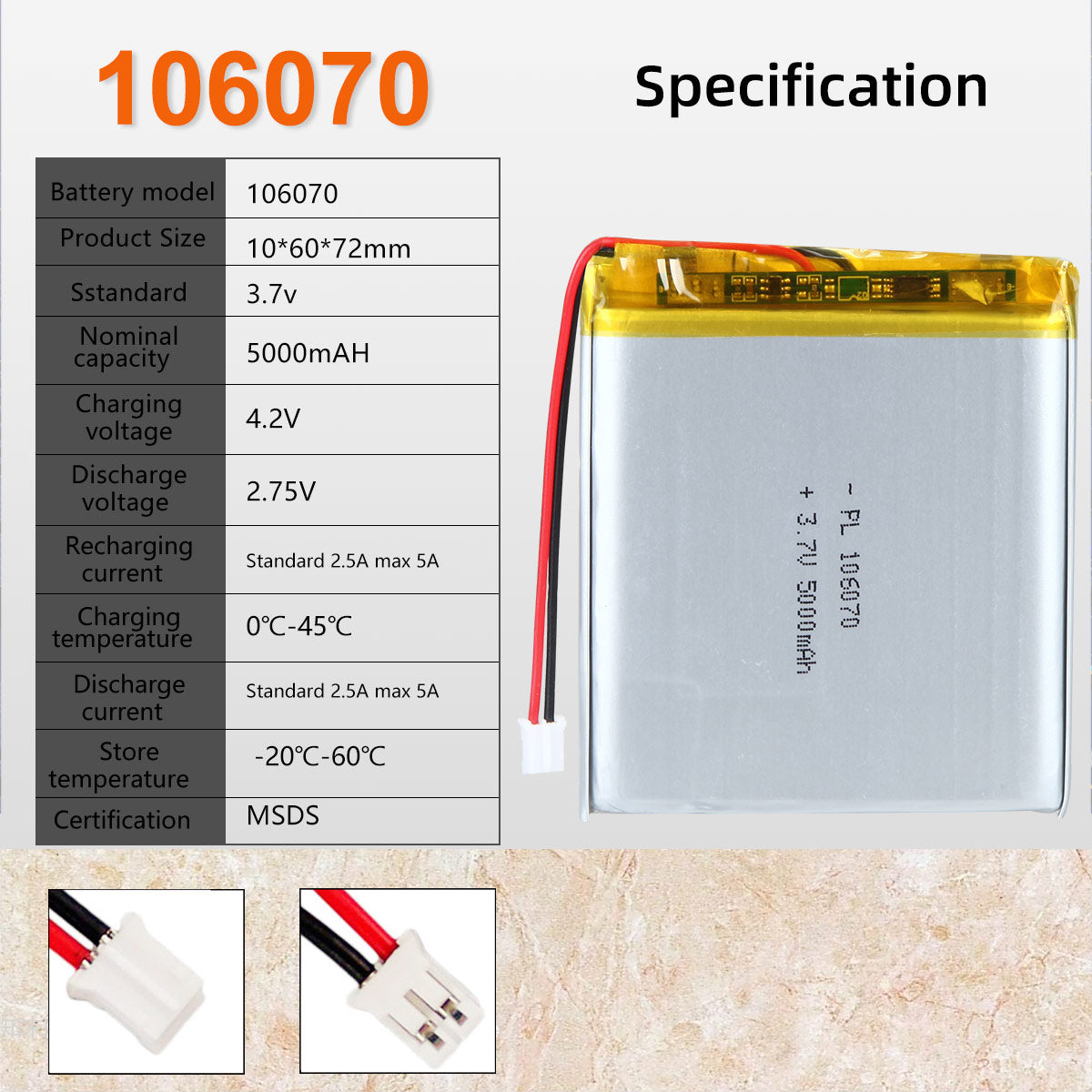3.7V 5000mAh 106070 Batterie Lithium Polymère Rechargeable Longueur 72mm