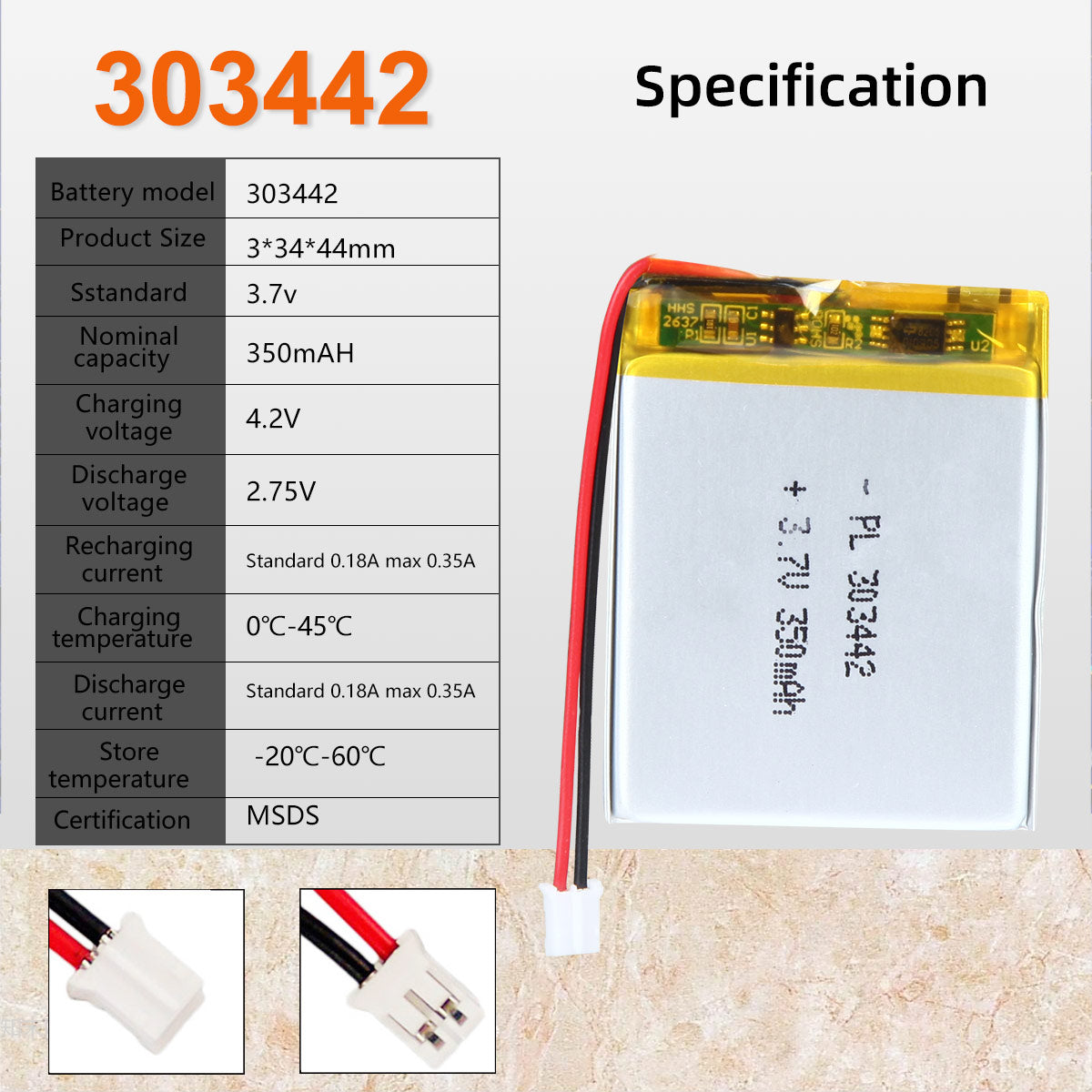 3.7V 350mAh 303442 Batterie lithium-polymère rechargeable Longueur 44mm
