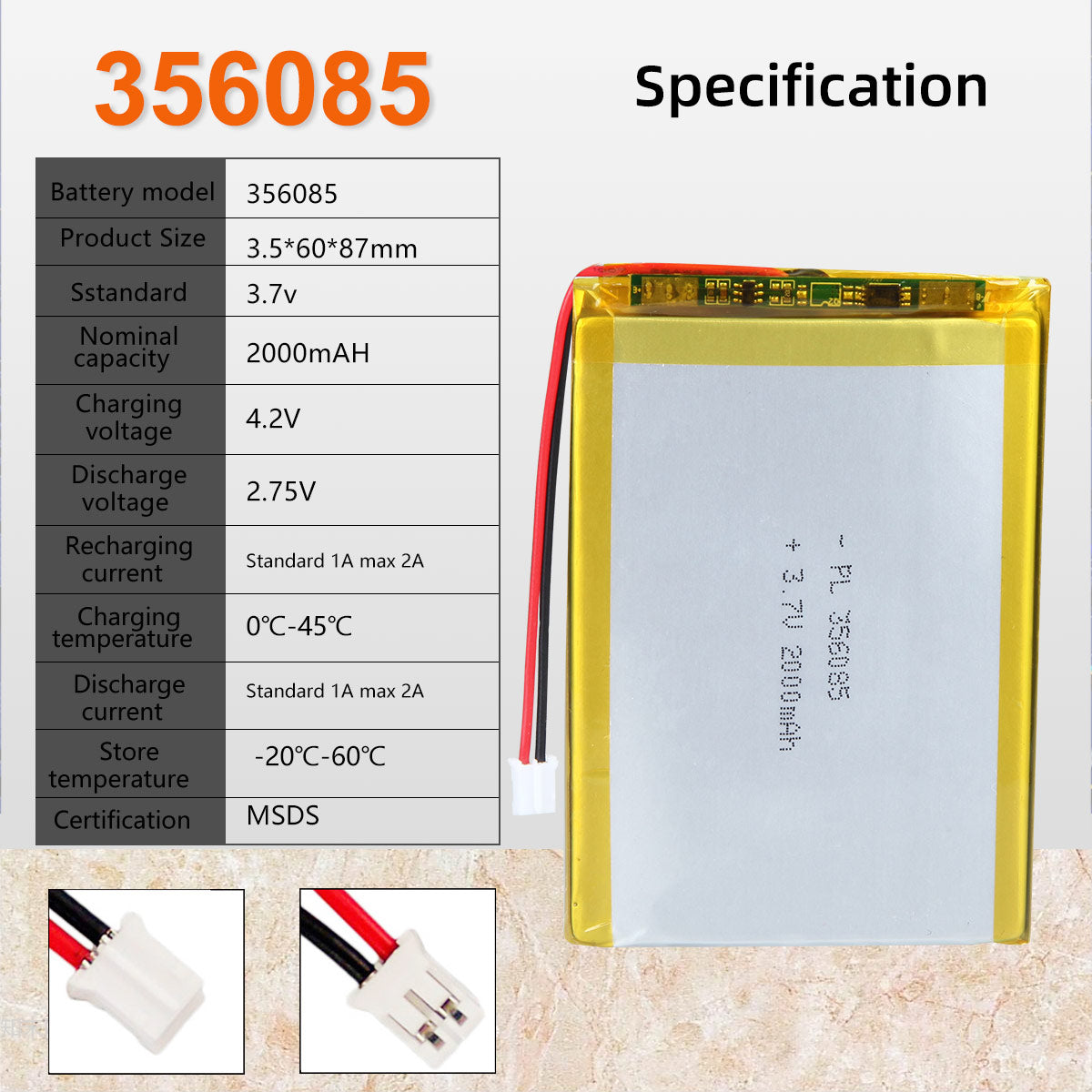 3.7V 2000mAh 356085 Rechargeable Lithium Polymer Battery