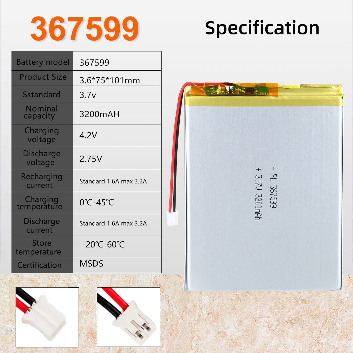 3.7V 3200mAh 367599 Rechargeable Polymer Lithium-Ion Battery