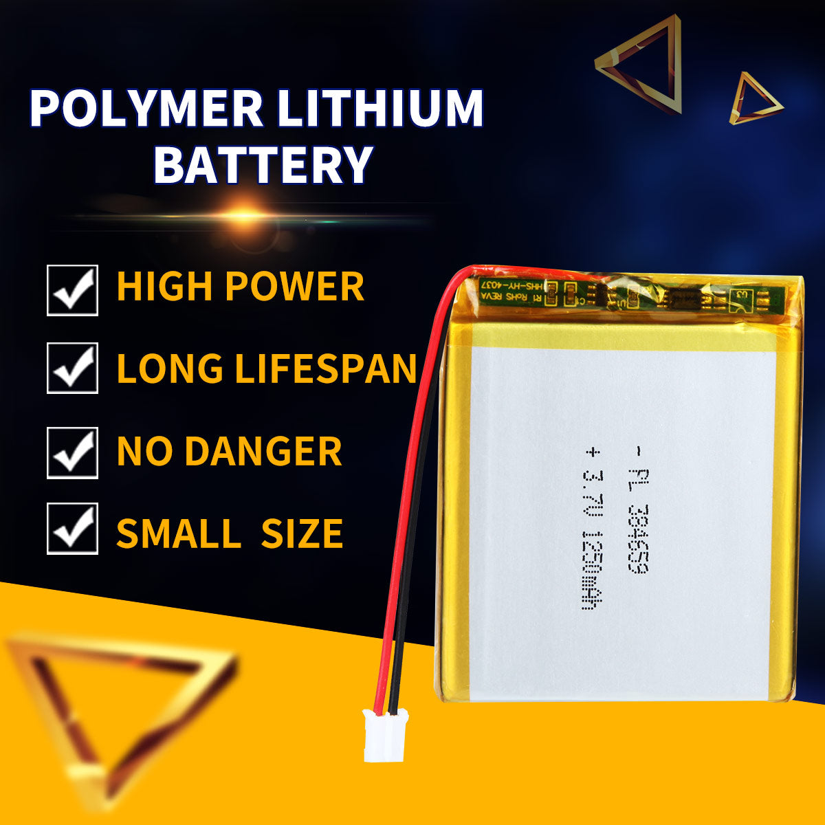 3.7V 1250mAh 384659 Batterie lithium-polymère rechargeable Longueur 61mm