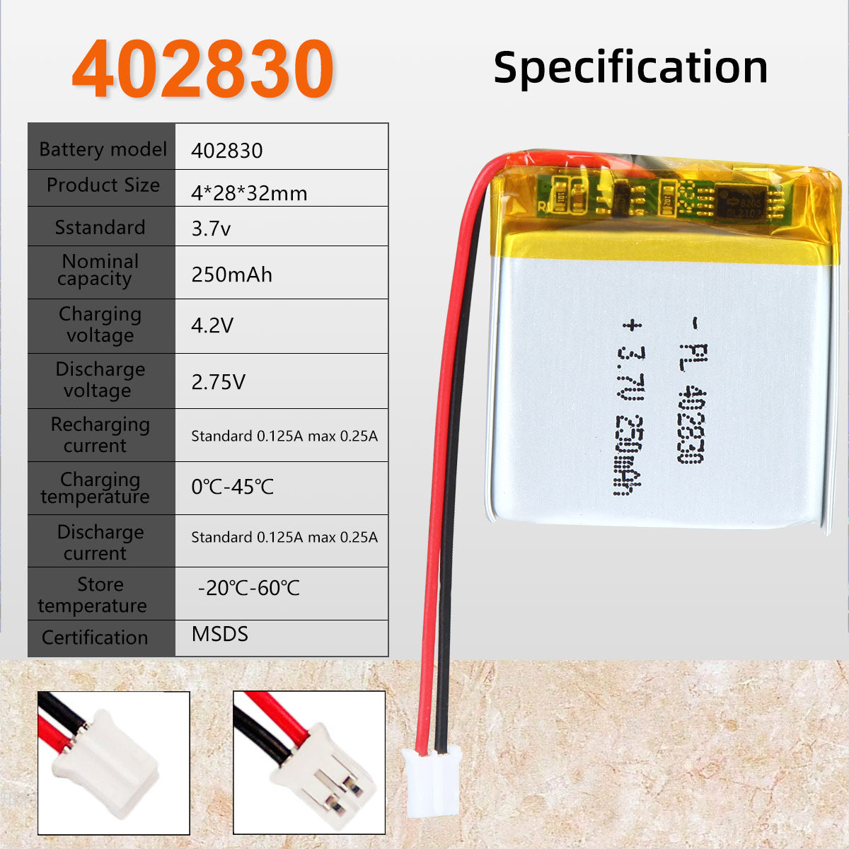 3.7V 250mAh 402830 Batterie Lithium Polymère Rechargeable Longueur 32mm