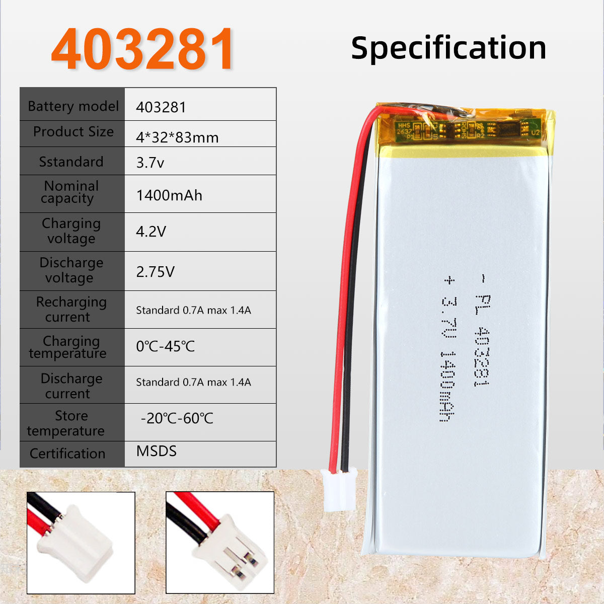 3.7V 403281 1400mAh Rechargeable Lithium Polymer Battery