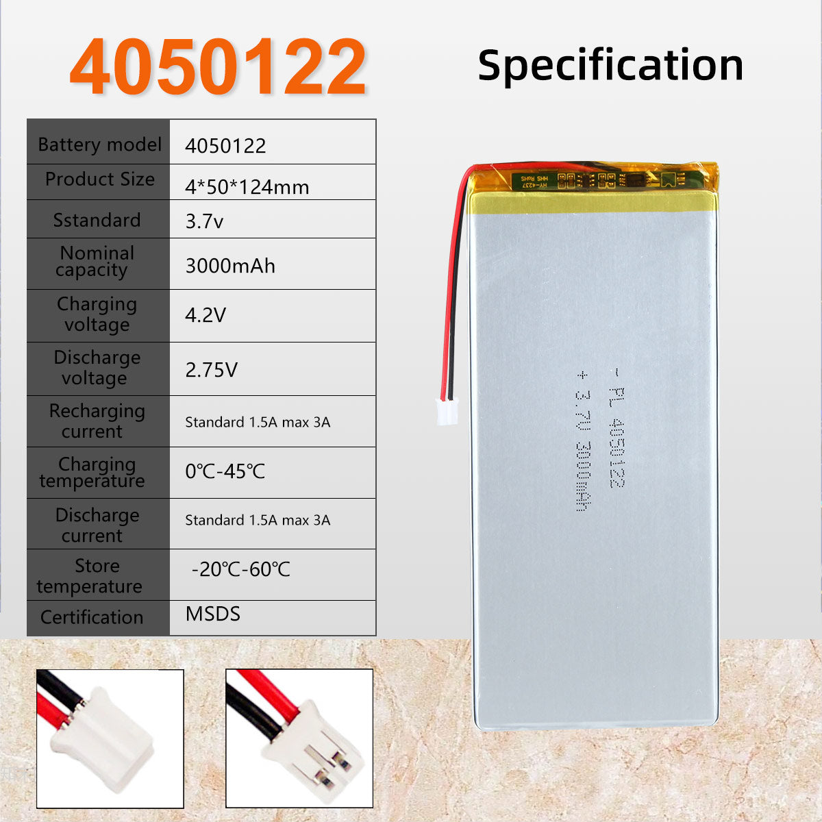 3.7V 3000mAh 4050122 Batterie lithium-polymère rechargeable Longueur 124mm