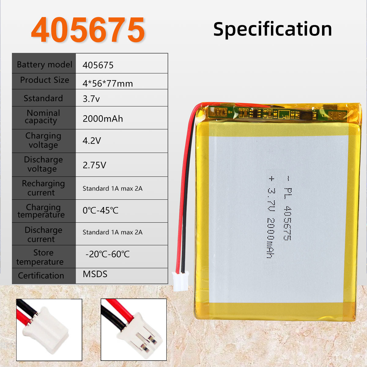 3.7V 2000mAh 405675 Batterie Lithium Polymère Rechargeable Longueur 77mm