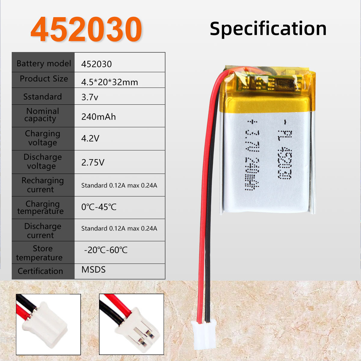 3.7V 240mAh 452030 Rechargeable Lithium Polymer Battery