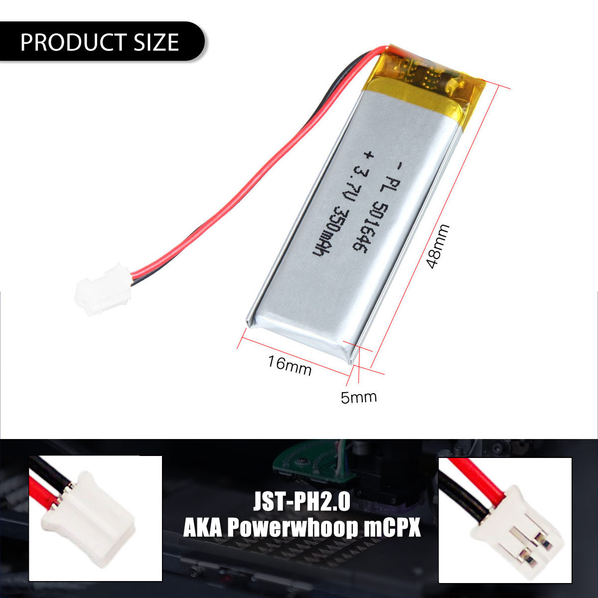 3.7V 350mAh 501646 Rechargeable Lithium Polymer Battery