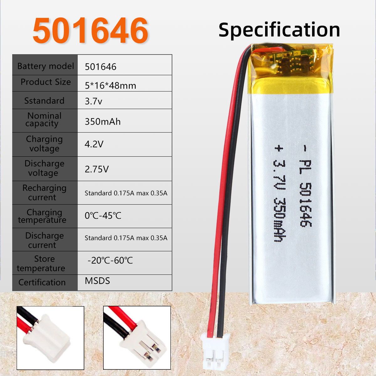3.7V 350mAh 501646 Batterie Lithium Polymère Rechargeable Longueur 48mm