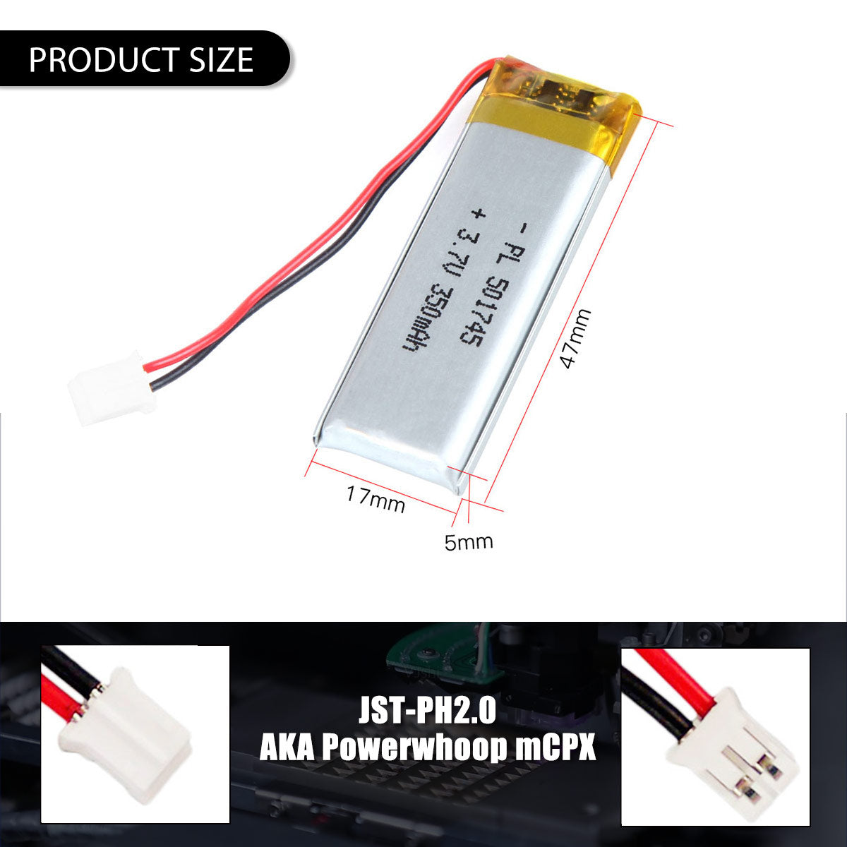 Batterie lithium-ion polymère rechargeable 3,7 V 350 mAh 501745 Longueur 47 mm