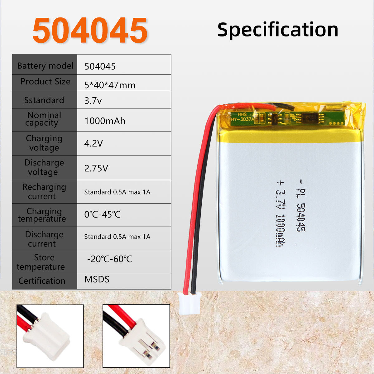 3.7V 504045 1000mAh Batterie Lithium Polymère Rechargeable Longueur 47mm