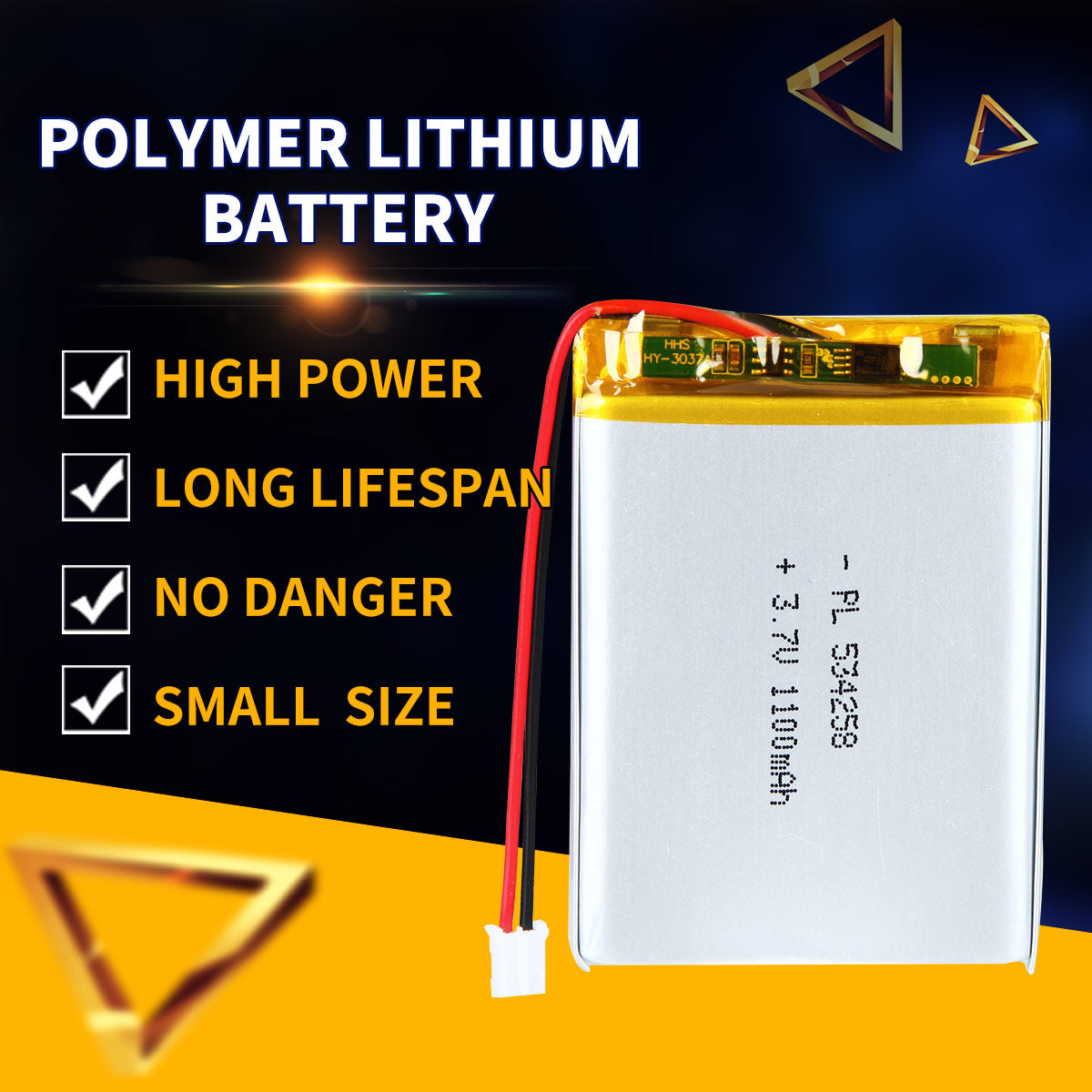 3.7V 1100mAh 534258 Batterie Lithium Polymère Rechargeable Longueur 60mm