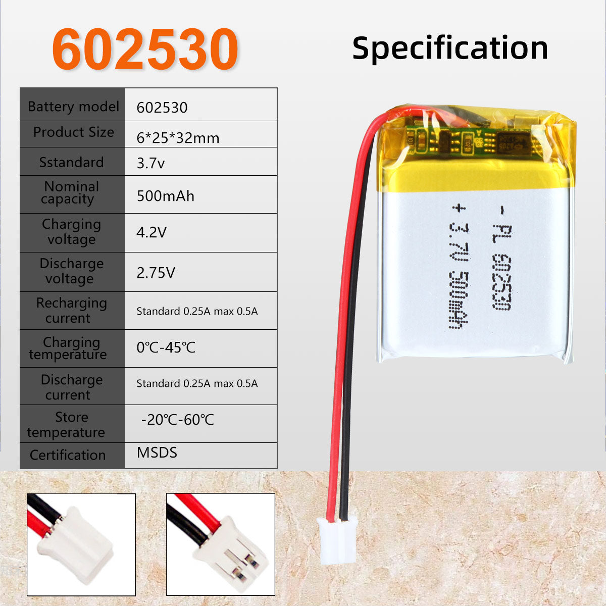 3.7V 500mAh 602530 Batterie lithium-polymère rechargeable Longueur 32mm