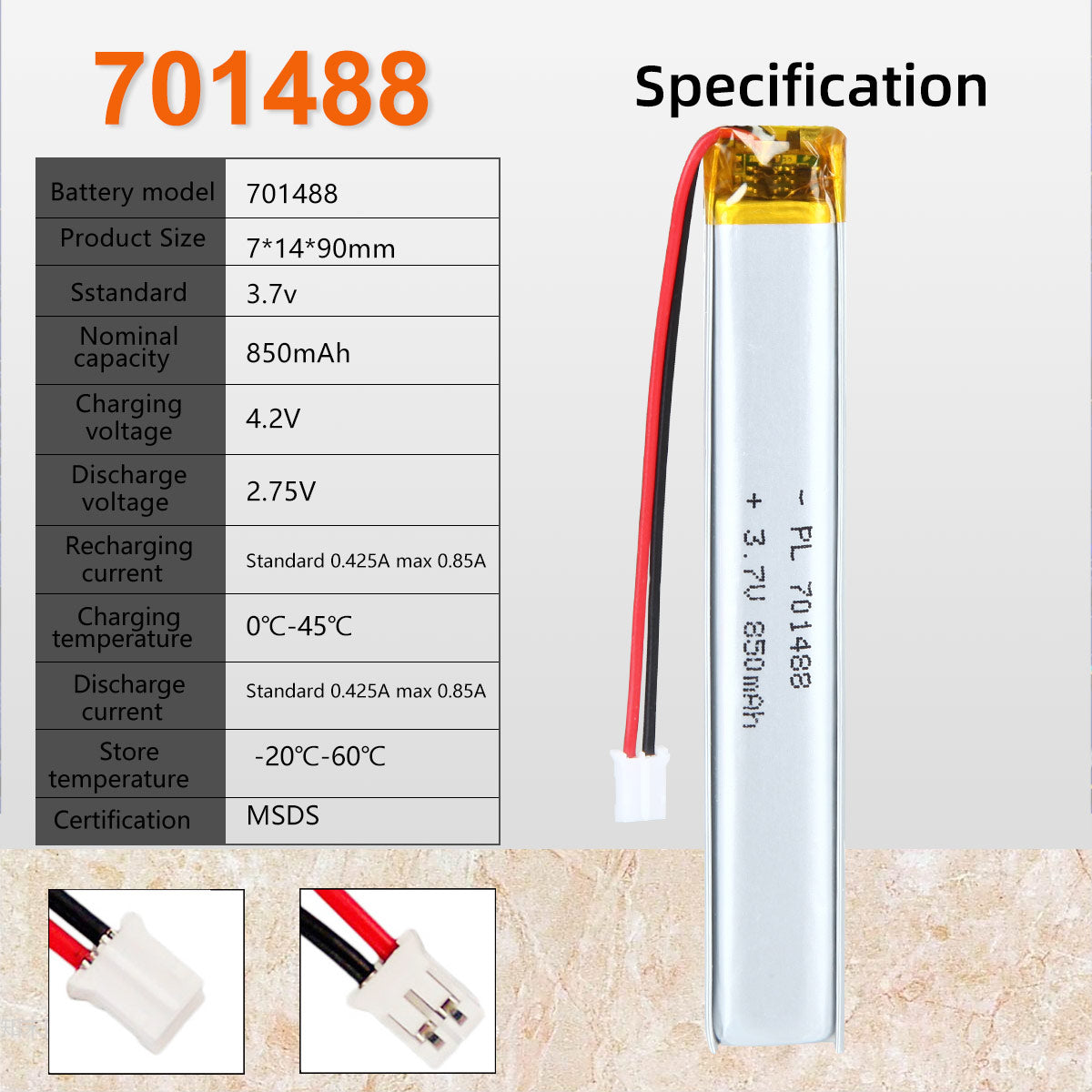 3.7V 701488 850mAh Rechargeable Lithium Polymer Battery