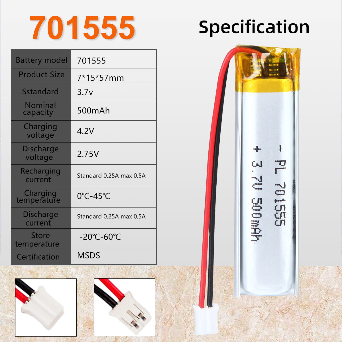 3.7V 701555 500mAh Rechargeable Lithium Polymer Battery