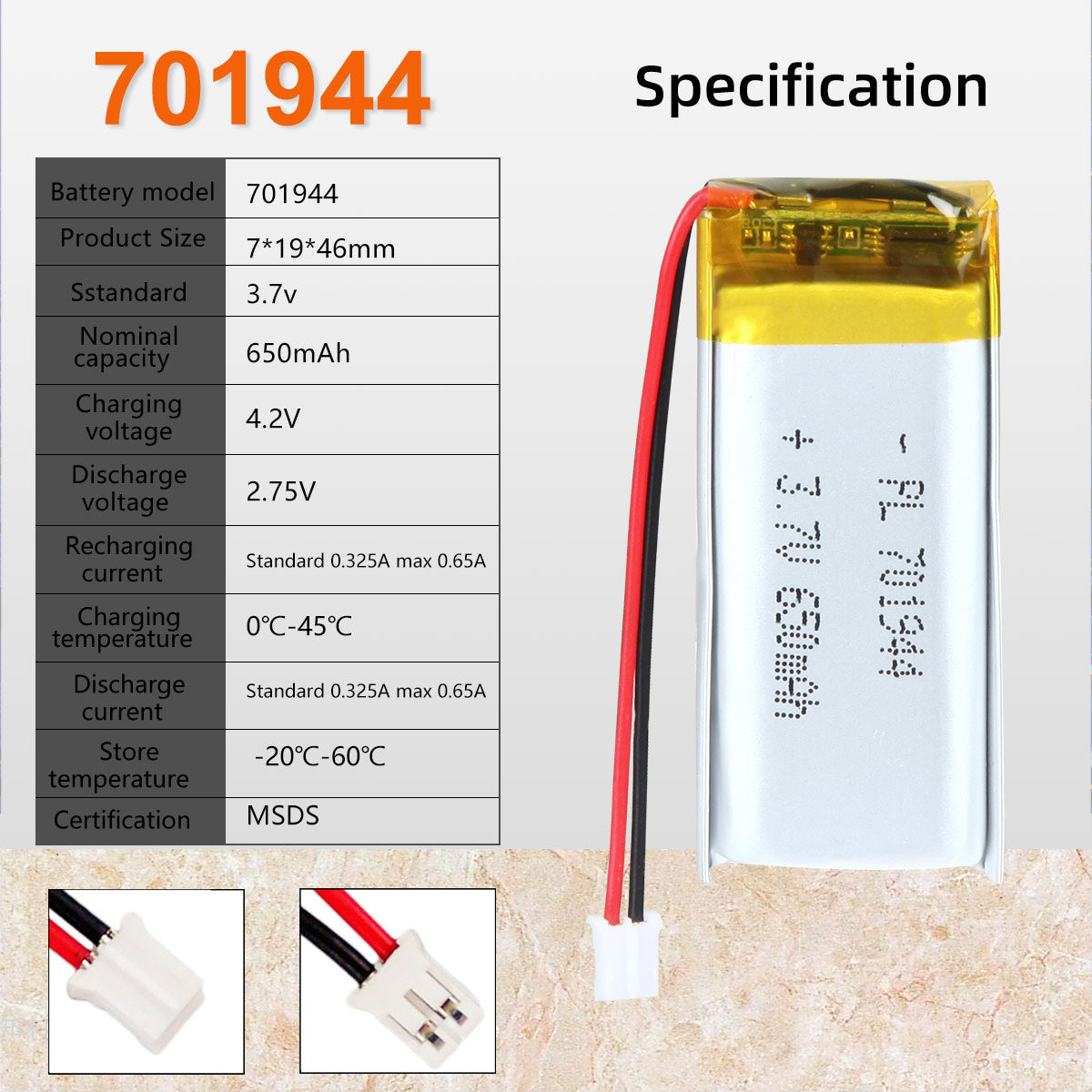 Batterie Lithium Polymère rechargeable 3.7V 701944 650mAh Longueur 46mm