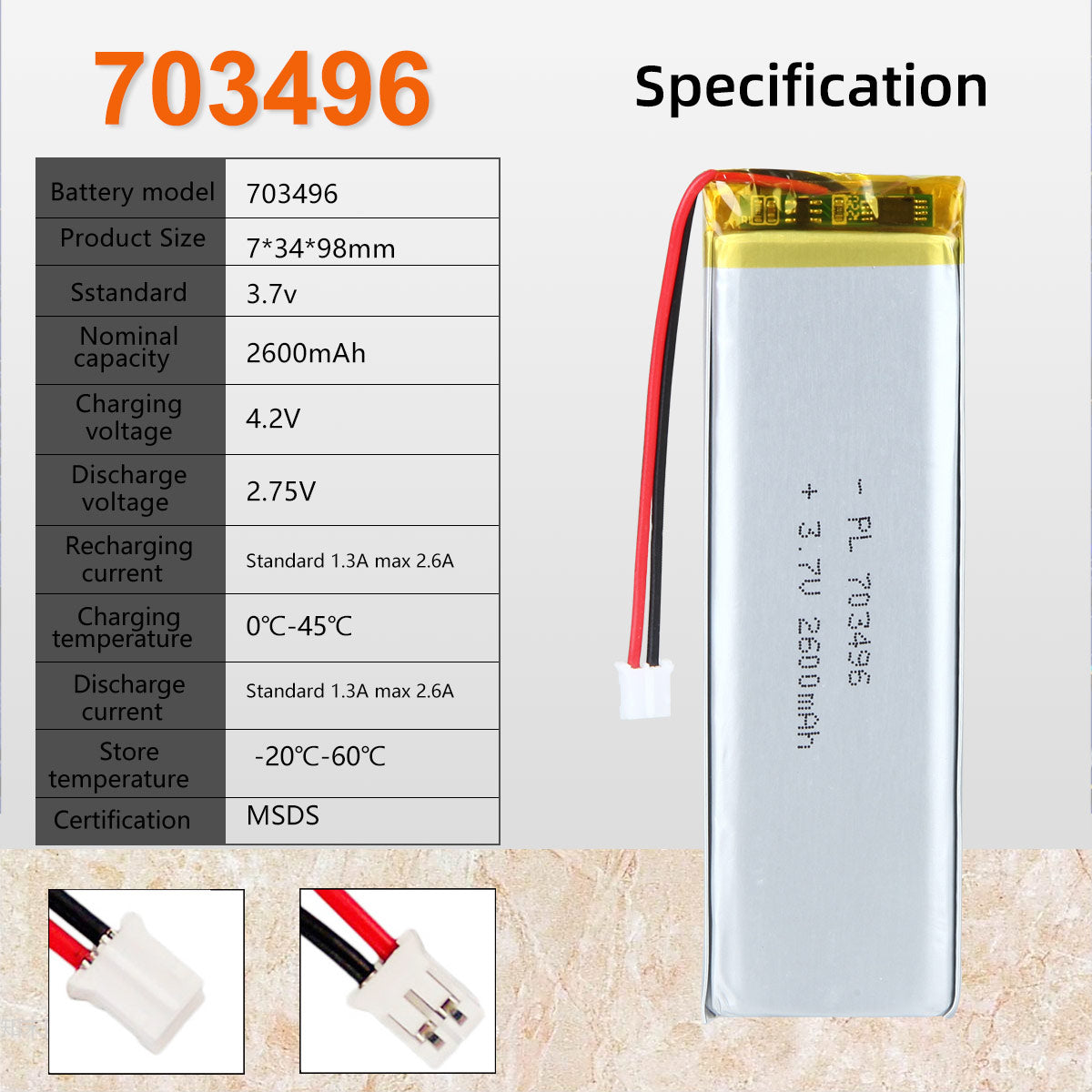 3.7V 2600mAh 703496 Batterie Lithium Polymère Rechargeable Longueur 98mm