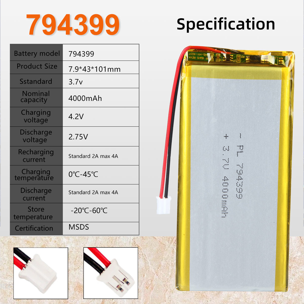 3.7V 4000mAh 794399 Rechargeable Lithium Polymer Battery