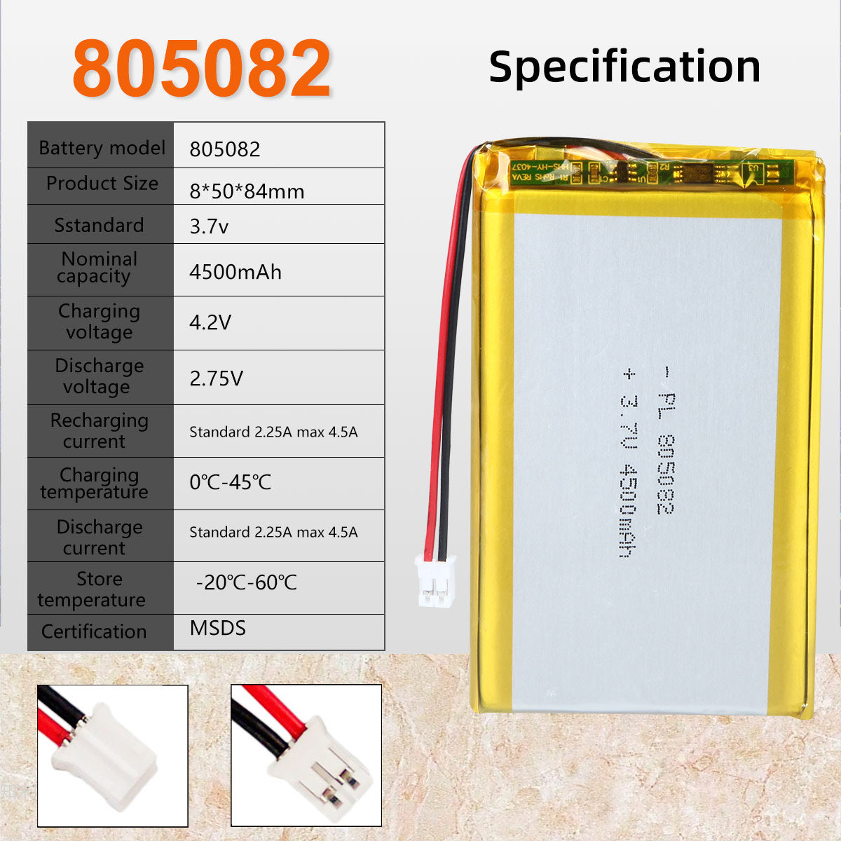 3.7V 4500mAh 805082 Batterie lithium-polymère rechargeable Longueur 84mm