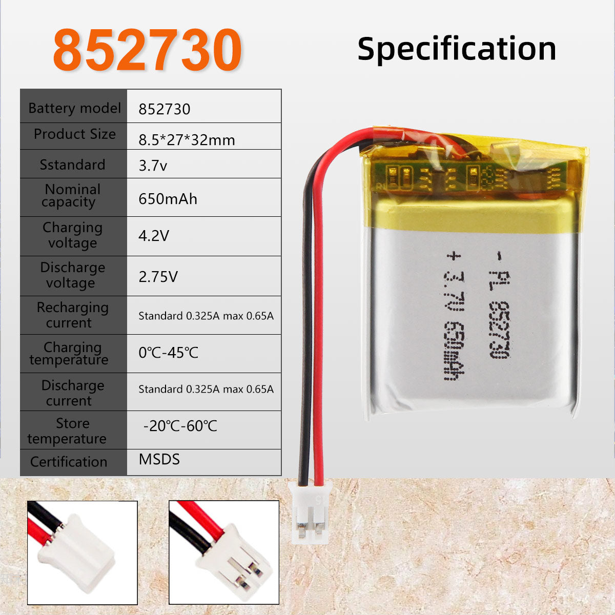 3.7V 650mAh 852730 Batterie Lithium Polymère Rechargeable Longueur 32mm
