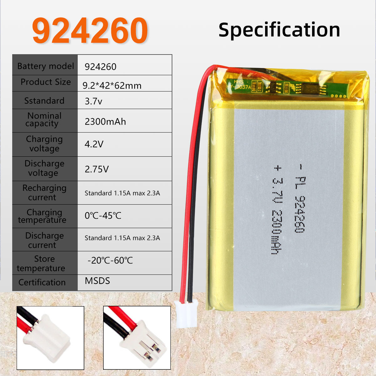 3.7V 2300mAh 924260 Batterie Lithium Polymère Rechargeable Longueur 62mm