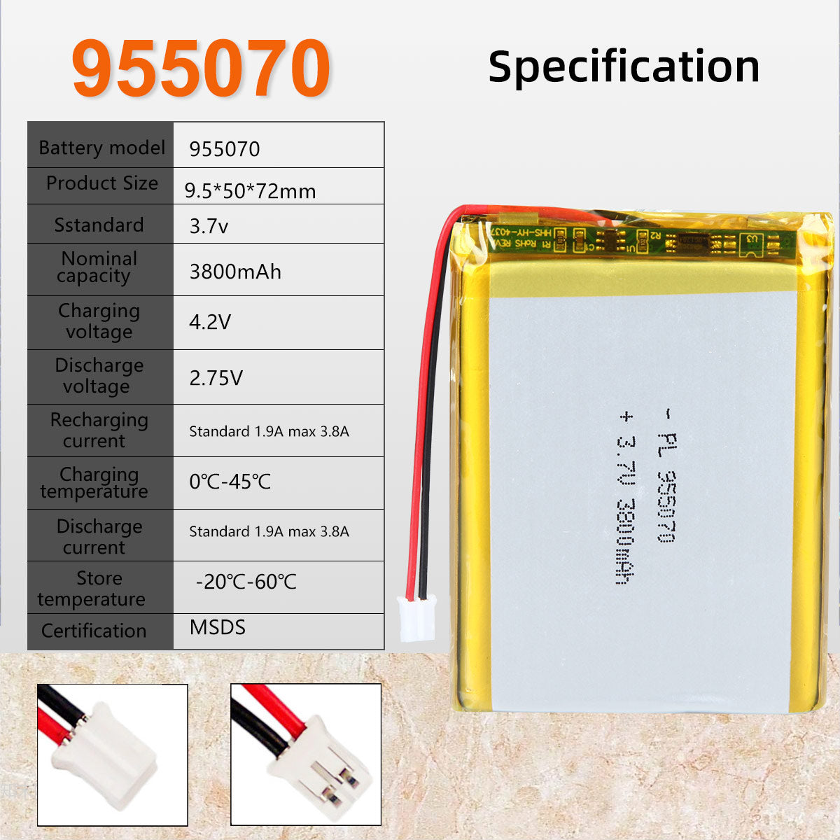3.7V 3800mAh 955070 Rechargeable Lithium Polymer Battery
