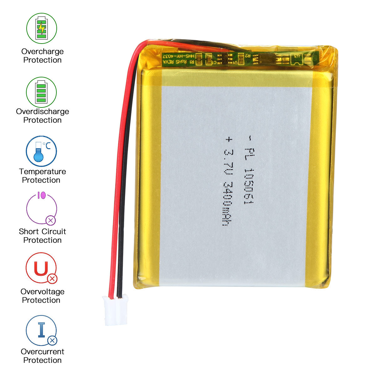 YDL 3.7V 3400mAh 105061 Rechargeable Lithium Polymer Battery Length 63mm