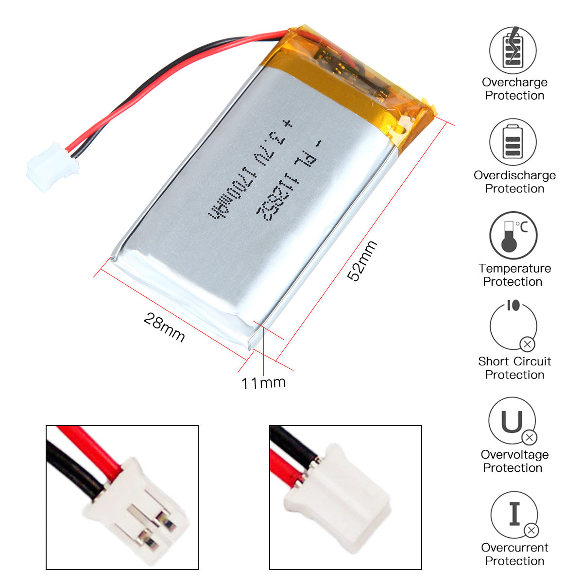 YDL 3.7V 1700mAh 112852 Rechargeable Lipo Battery with JST Connector - YDL Battery