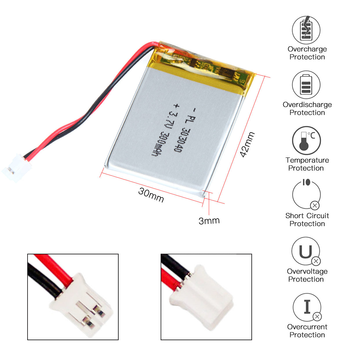 YDL 3.7V 300mAh 303040 Rechargeable Lipo Battery with JST Connector - YDL Battery