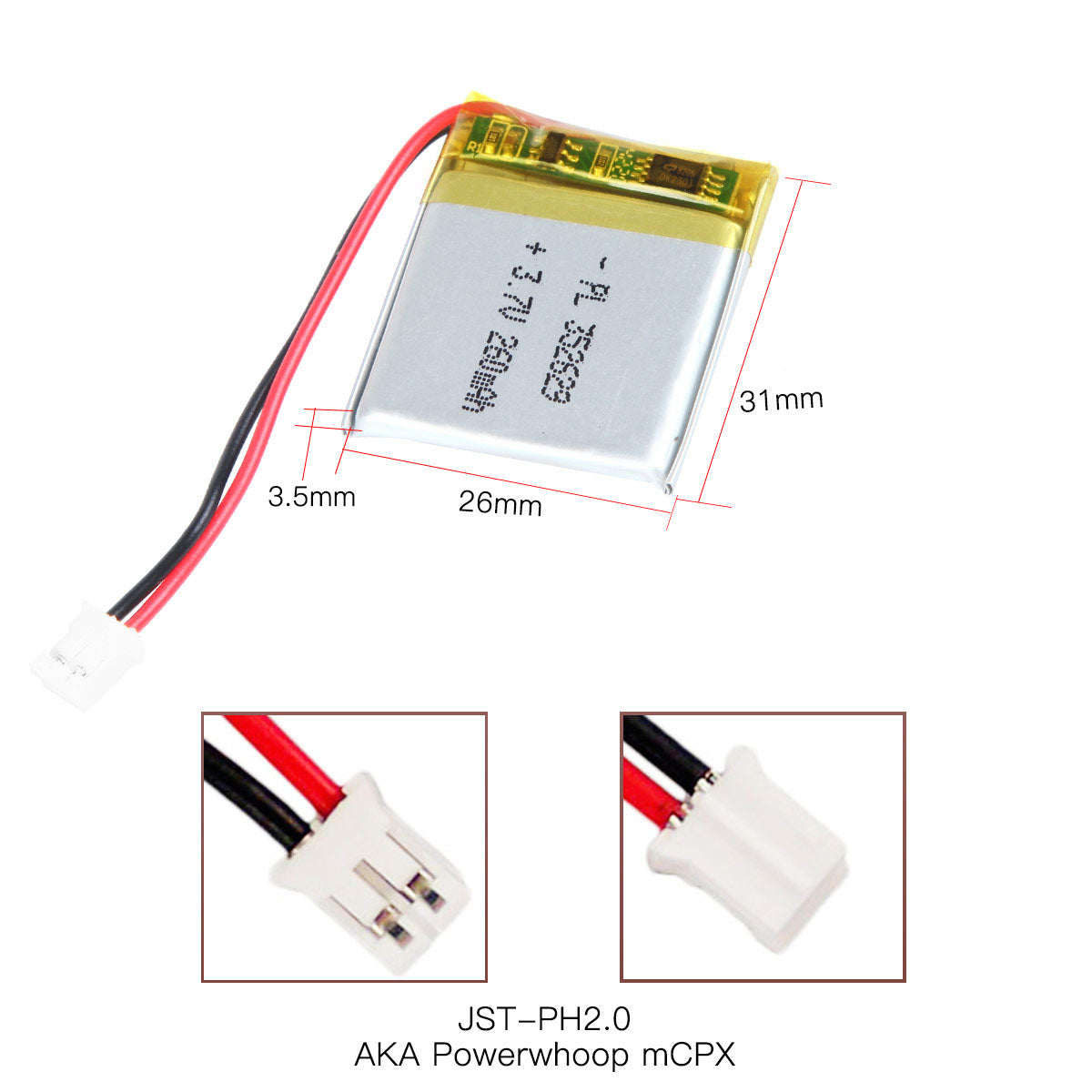 YDL 3.7V 260mAh 352629 Rechargeable Lipo Battery with JST Connector - YDL Battery