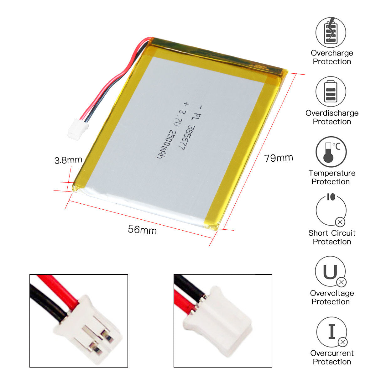 YDL 3.7V 2500mAh 385677 Rechargeable Lithium Polymer Battery Length 79mm