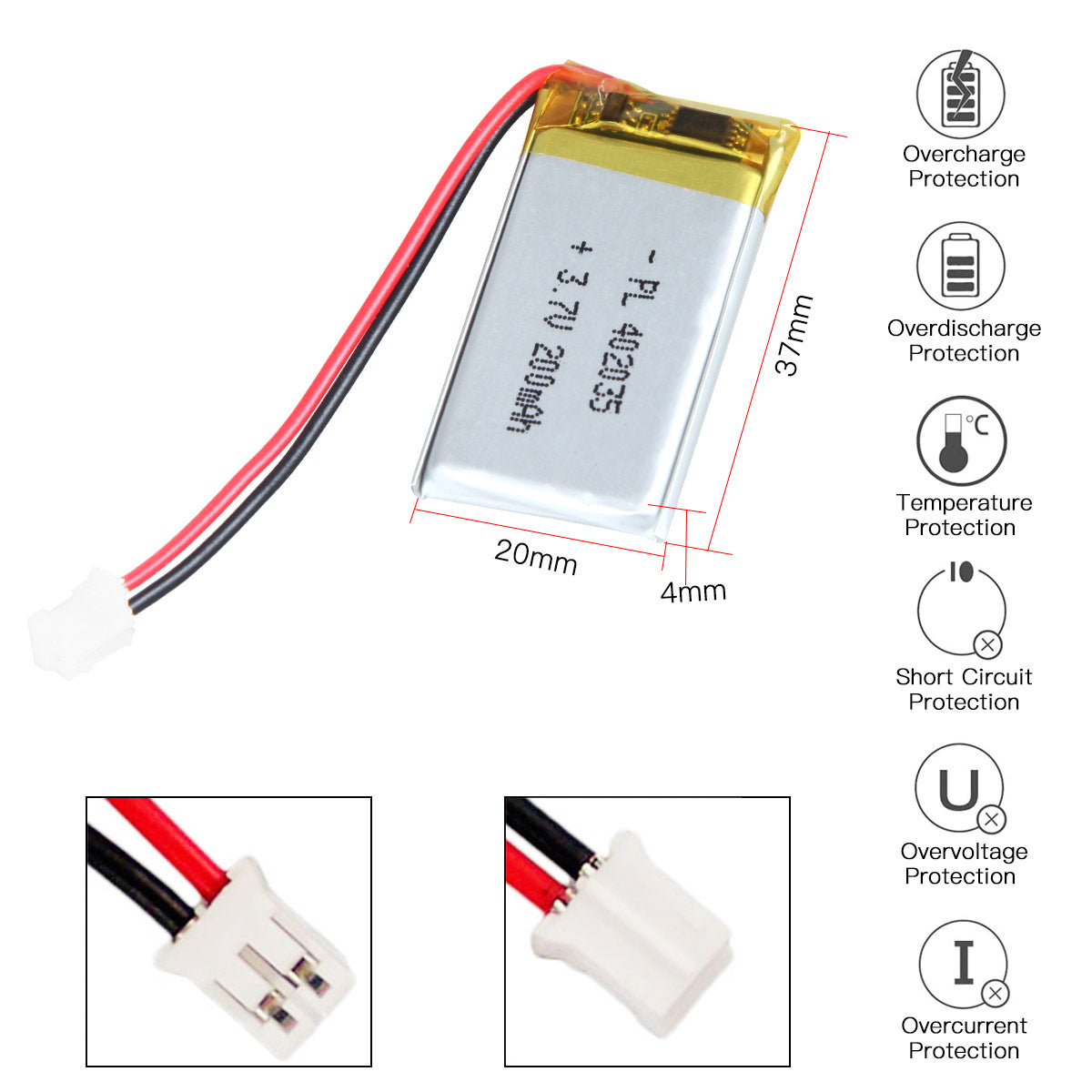 YDL 3.7V 200mAh 402035 Rechargeable Lithium Polymer Battery Length 37mm