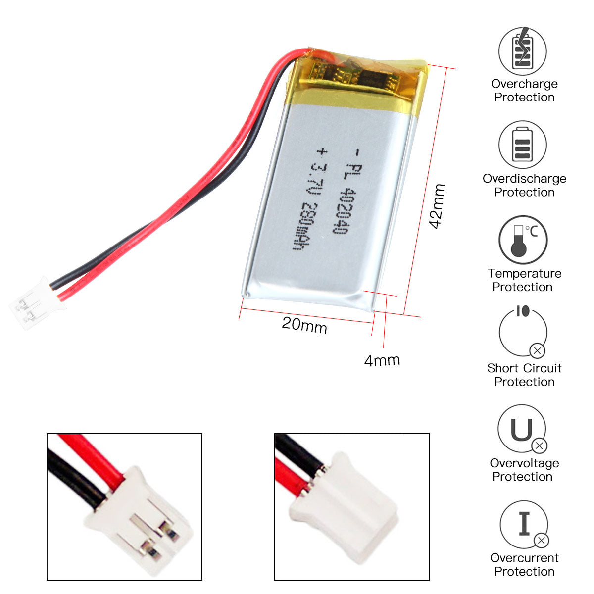 YDL 3.7V 280mAh 402040 Rechargeable Lipo Battery with JST Connector - YDL Battery