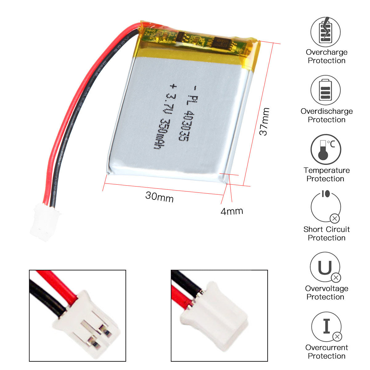 YDL 3.7V 350mAh 403035 Rechargeable Lithium Polymer Battery Length 37mm