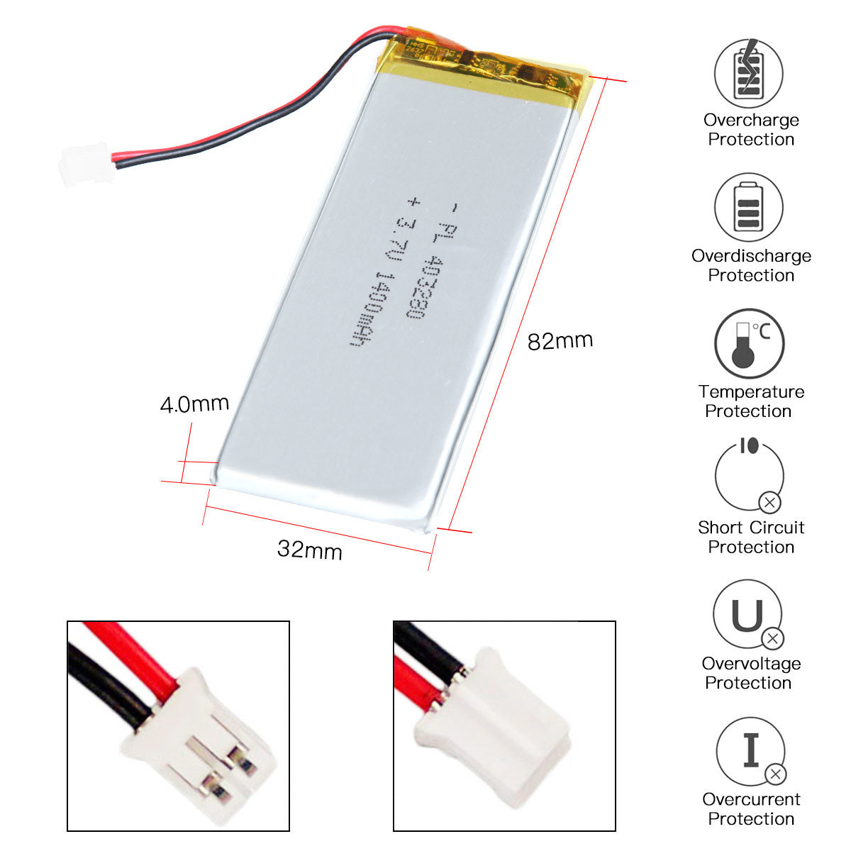 YDL 3.7V 1400mAh 403280 Rechargeable Lipo Battery with JST Connector - YDL Battery