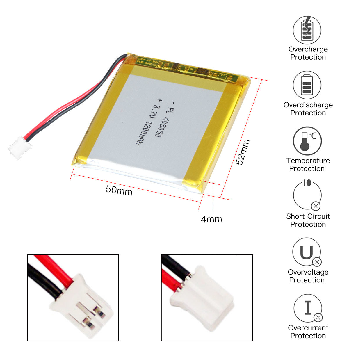 YDL 3.7V 1200mAh 405050 Rechargeable Lipo Battery with JST Connector - YDL Battery