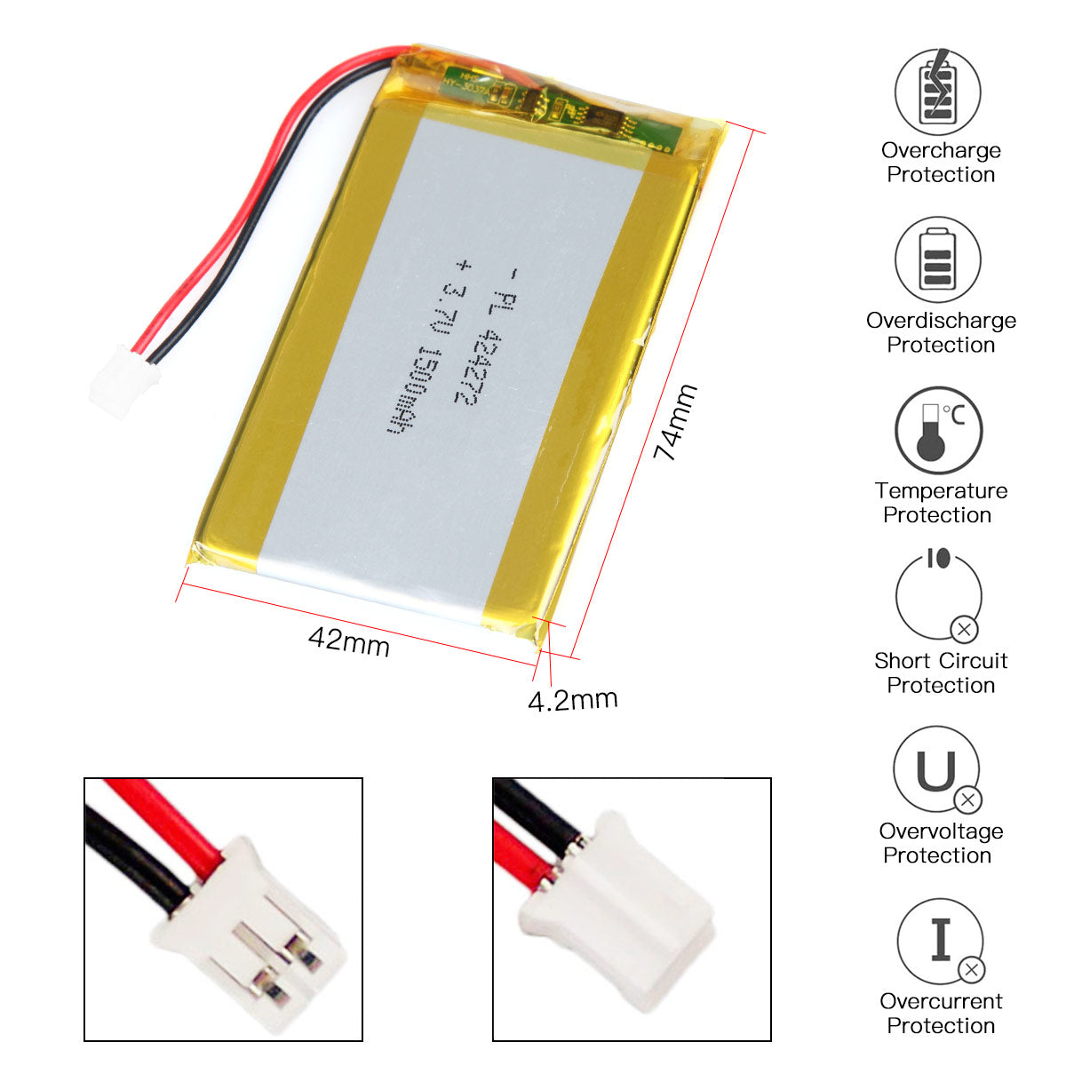 YDL  3.7V 1500mAh 424272 Rechargeable Lithium Polymer Battery Length 74mm