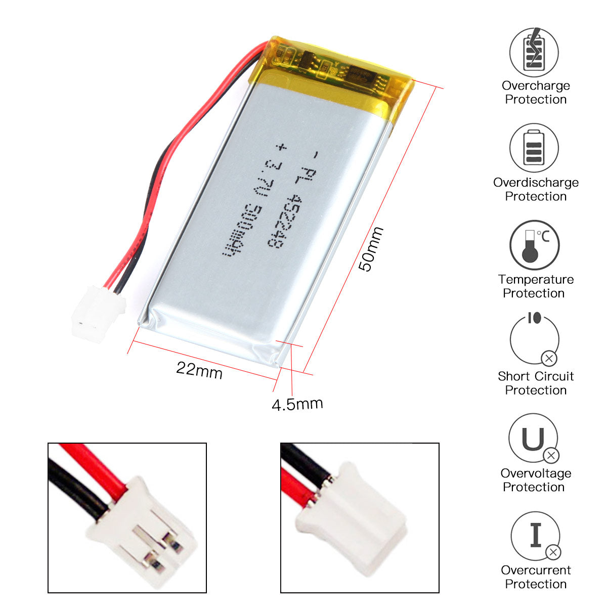 YDL 3.7V 500mAh 452248 Rechargeable Lithium Polymer Battery Length 50mm