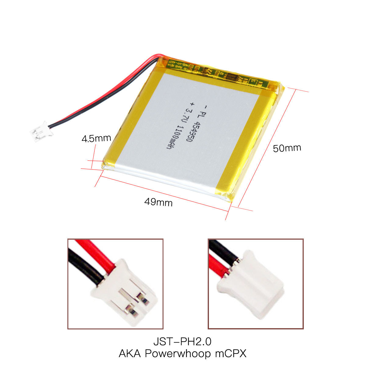 YDL 3.7V 1100mAh 454950 Rechargeable Lithium Polymer Battery Length 52mm