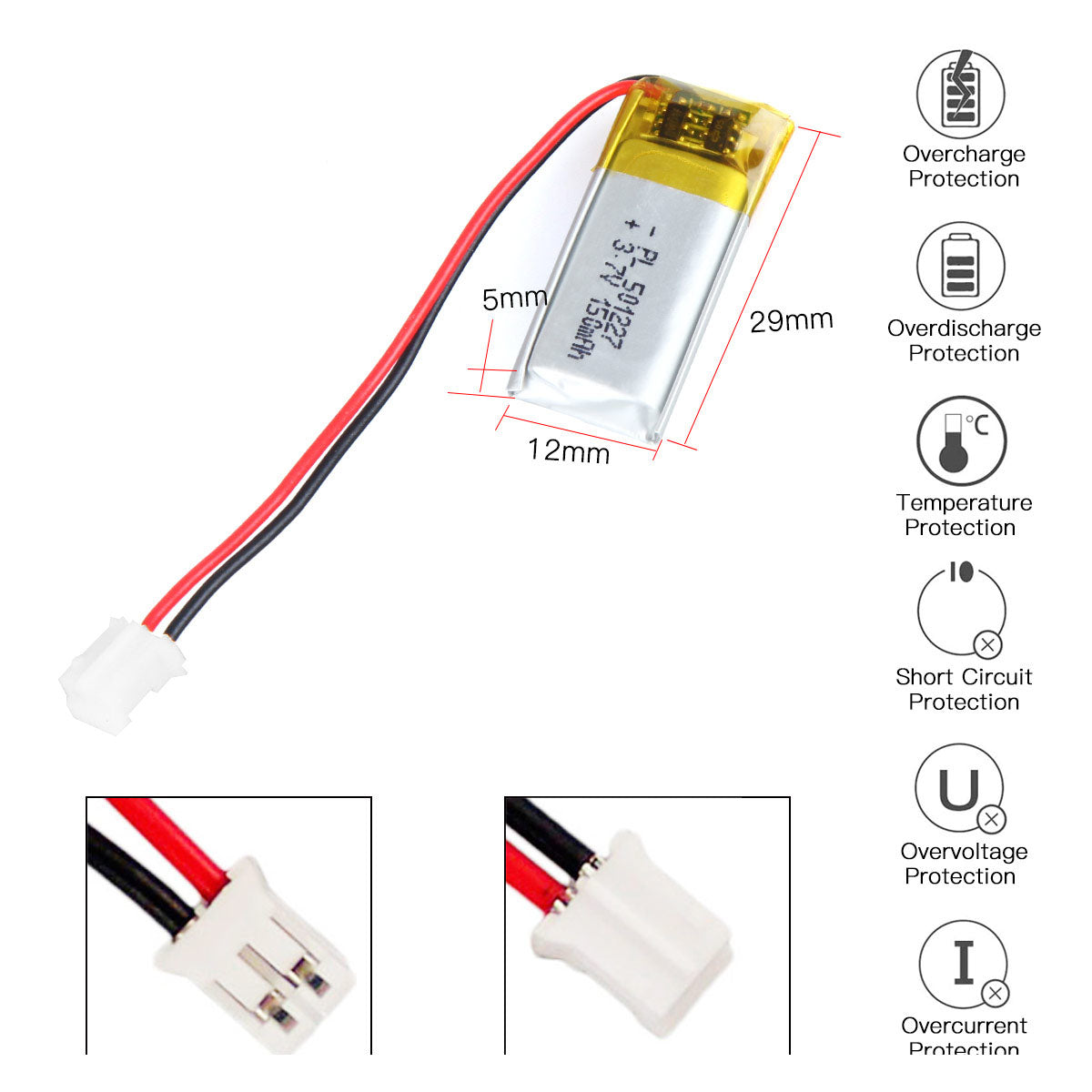 YDL 3.7V 150mAh 501227 Rechargeable Lipo Battery with JST Connector - YDL Battery