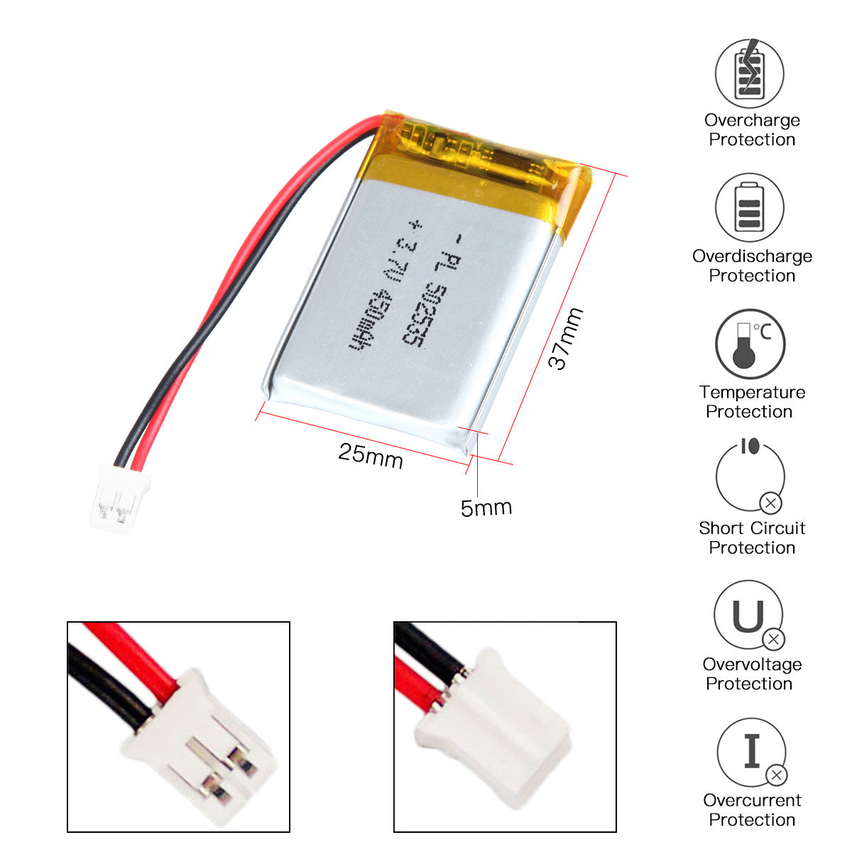 YDL 3.7V 450mAh 502535 Rechargeable Lipo Battery JST Connector - YDL Battery