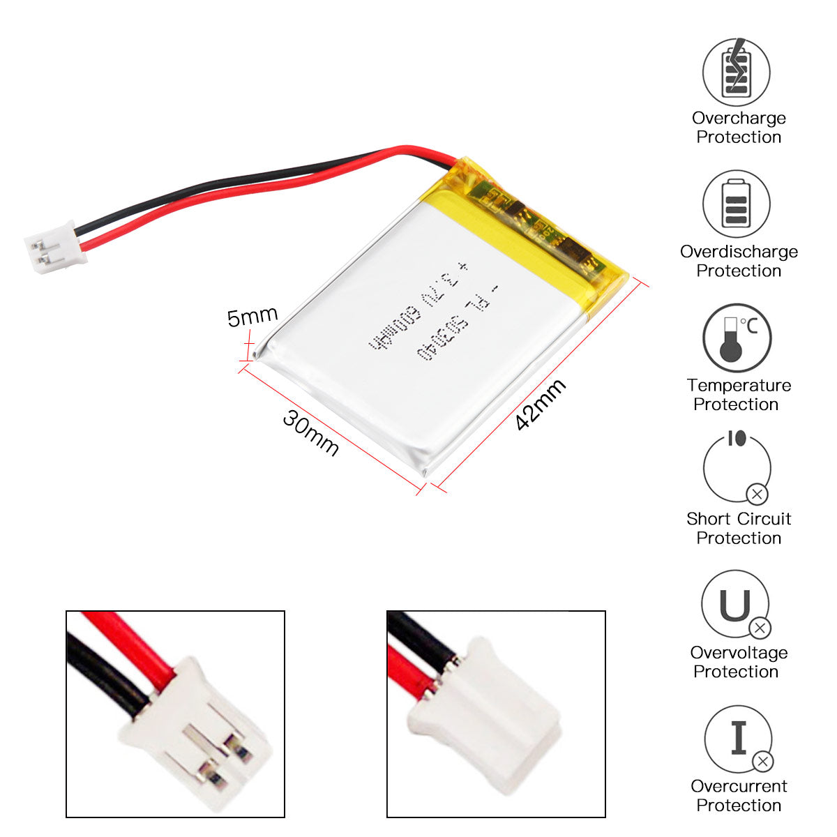 3.7V 600mAh 503040 Rechargeable Lithium Polymer Battery Length 42mm