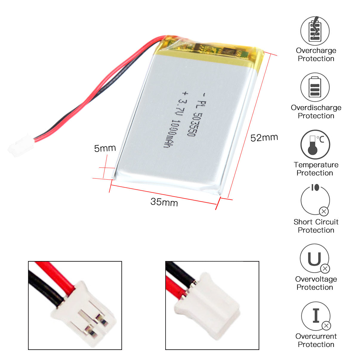 YDL 3.7V 1000mAh 503550 Rechargeable Lithium Polymer Battery Length 52mm