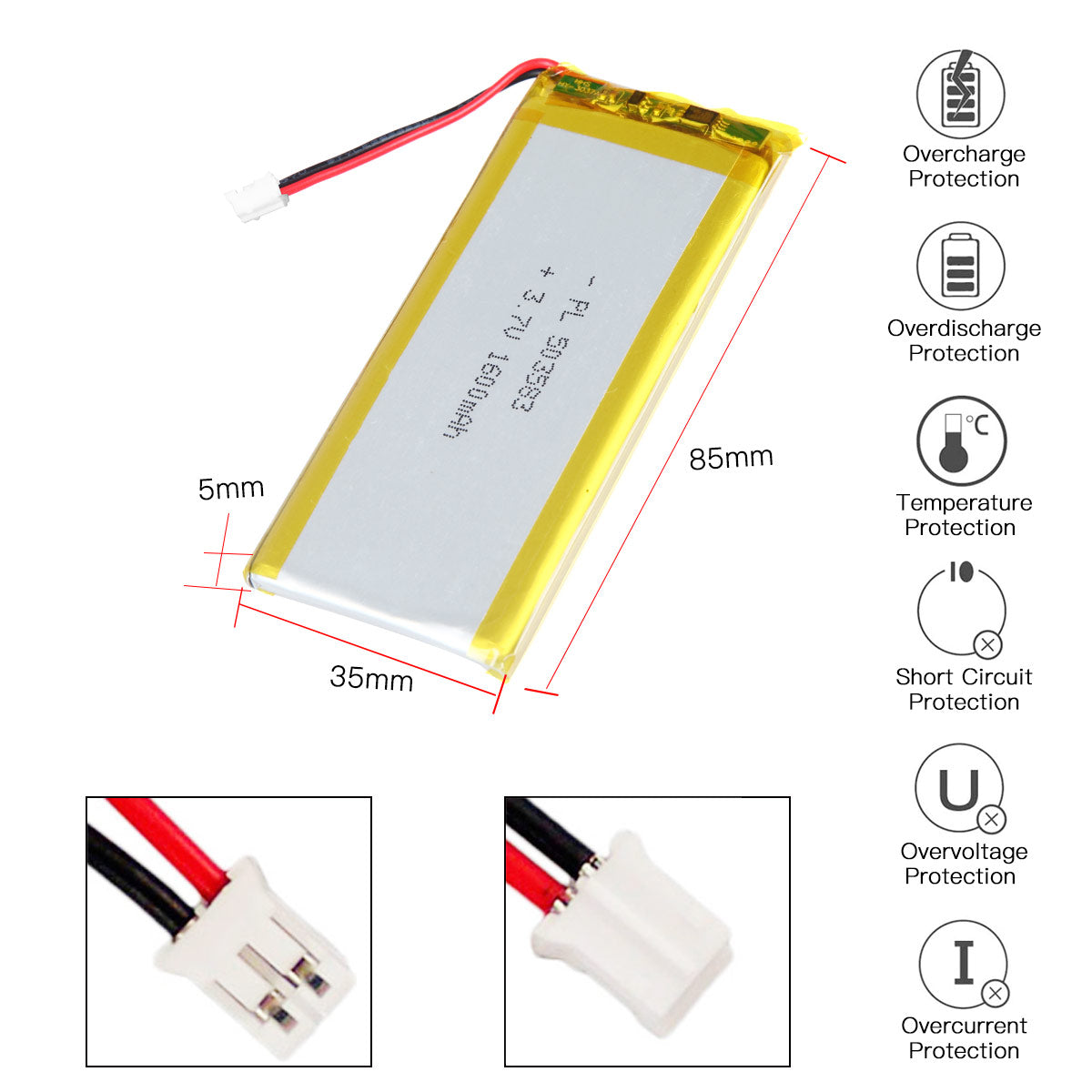 YDL 3.7V 1600mAh 503583 Rechargeable Lithium Polymer Battery Length 85mm