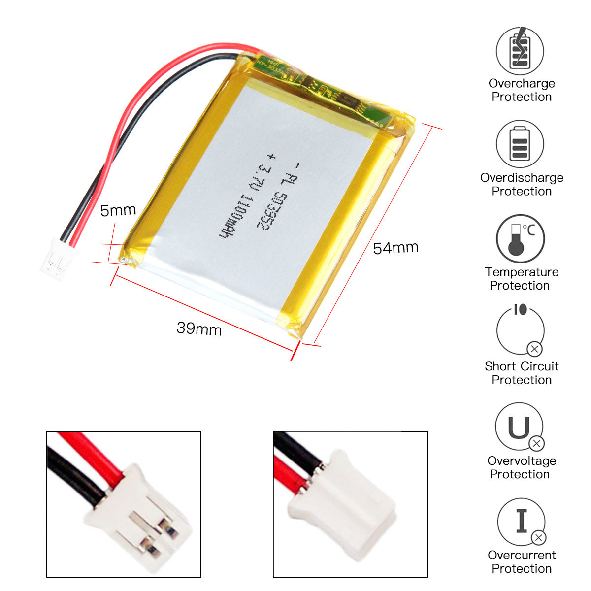 YDL 3.7V 1100mAh 503952 Rechargeable Lithium Polymer Battery Length 54mm