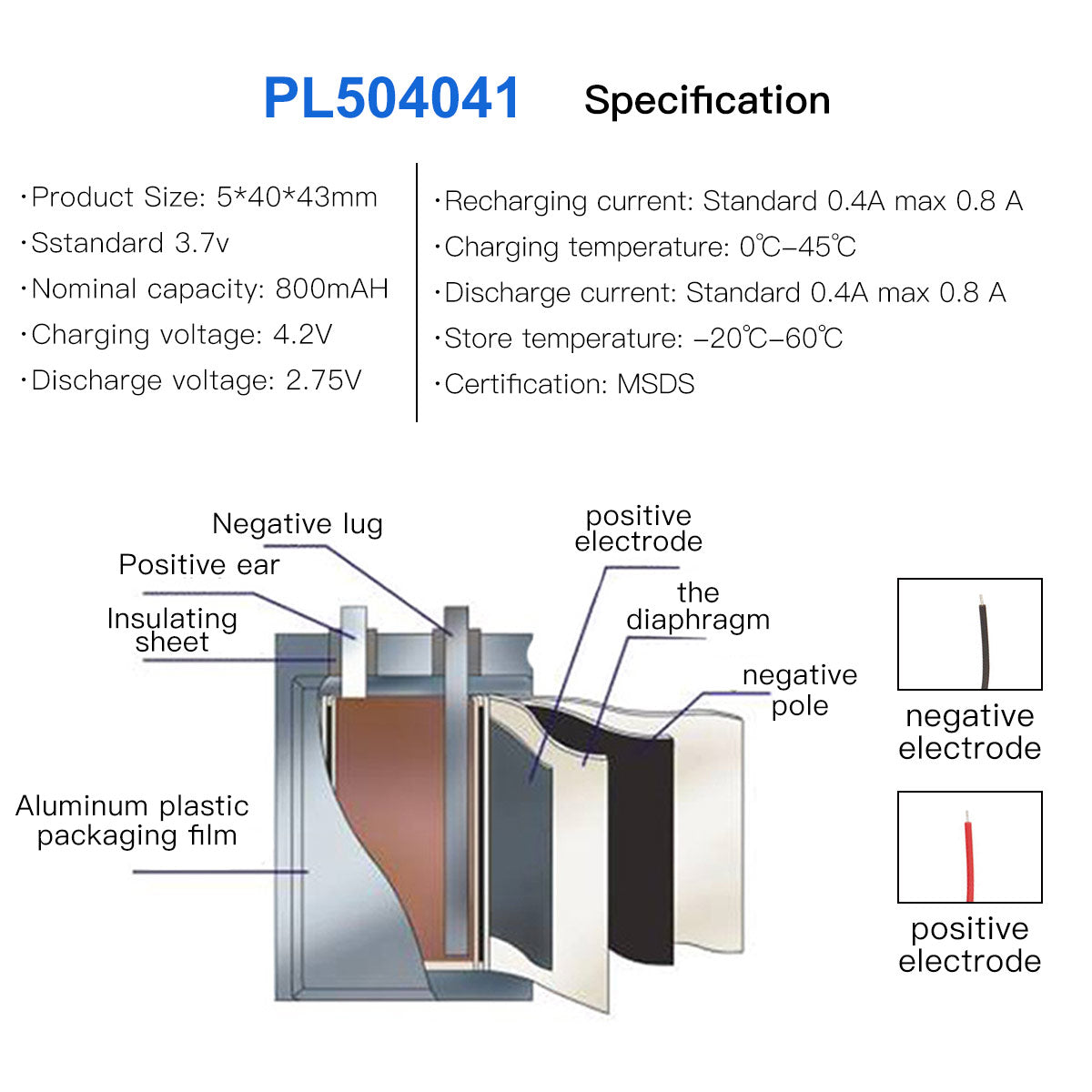YDL 3.7V 800mAh 504041 Batterie Lithium-Ion Polymère Rechargeable Longueur 43mm
