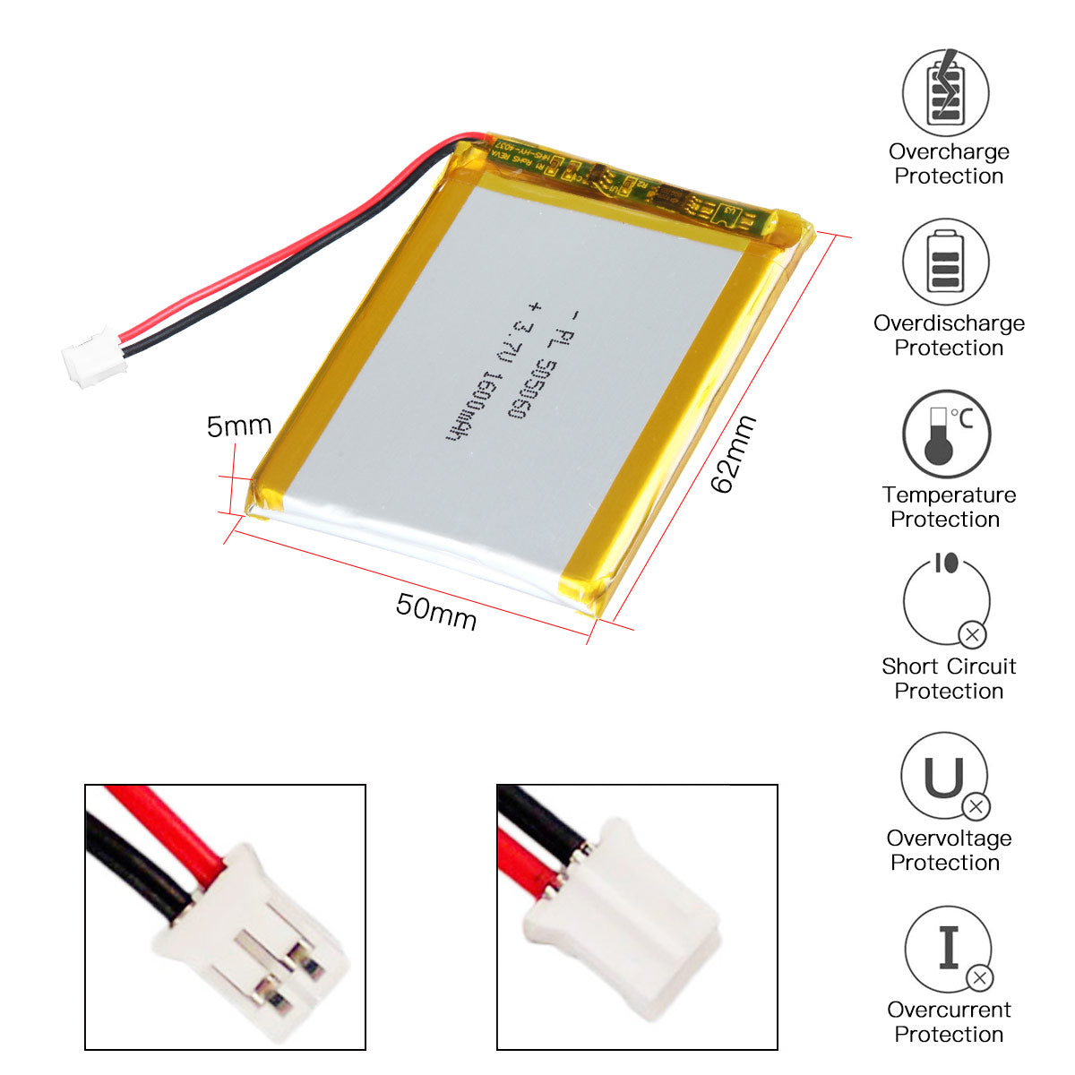 YDL 3.7V 1600mAh 505060 Rechargeable Lithium Polymer Battery Length 60mm