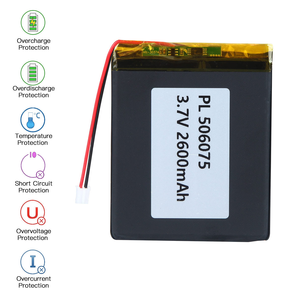 YDL 3.7V 2600mAh 506075 Batterie Lithium Polymère Rechargeable Longueur 77mm