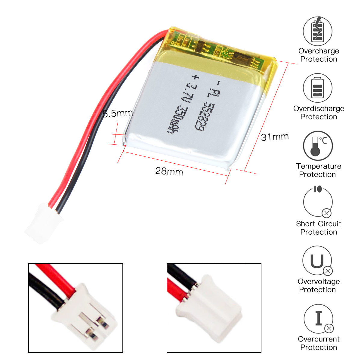 YDL 3.7V 350mAh 552829 Rechargeable Lithium Polymer Battery Length 31mm