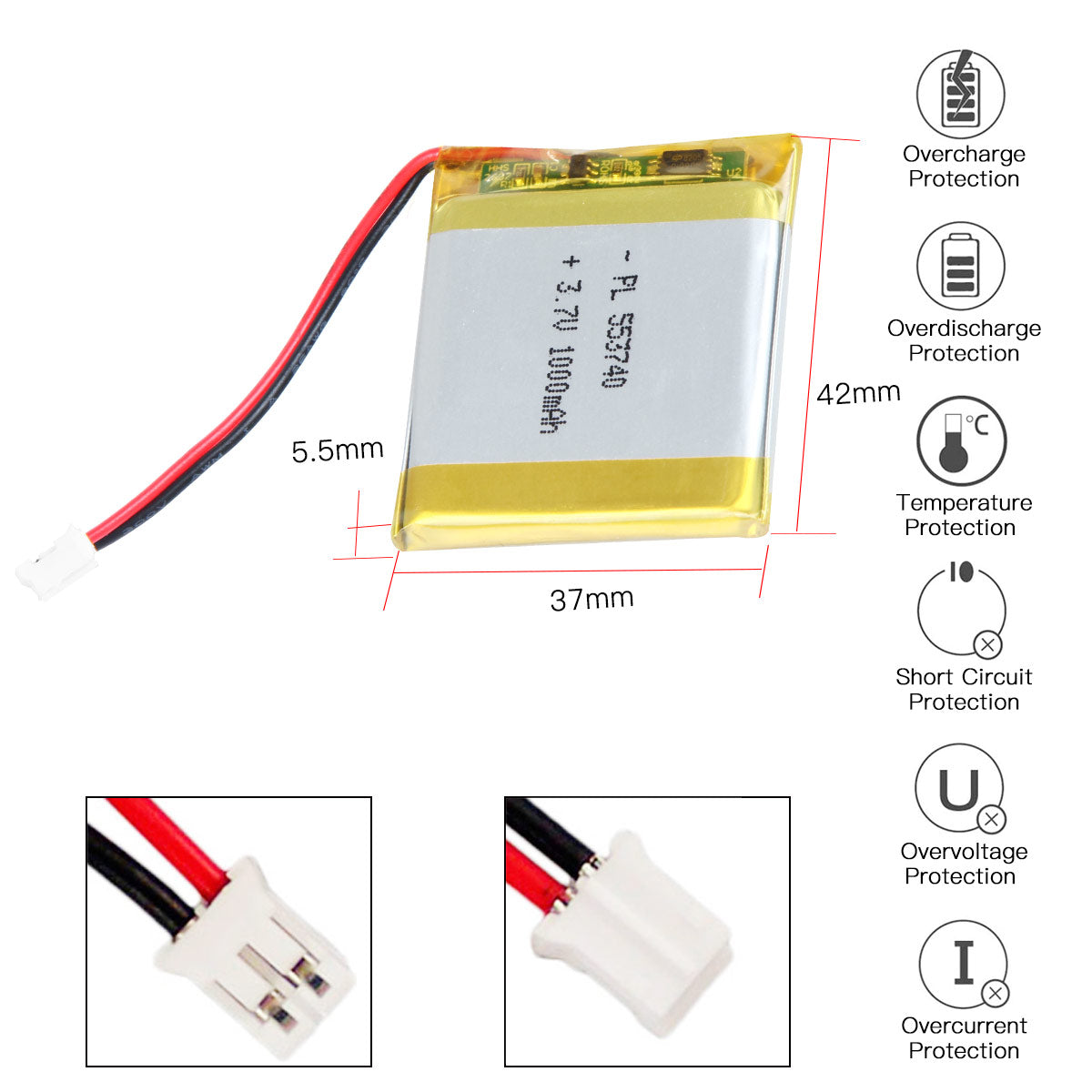 YDL 3.7V 1000mAh 553740 Rechargeable Lithium Polymer Battery Length 42mm