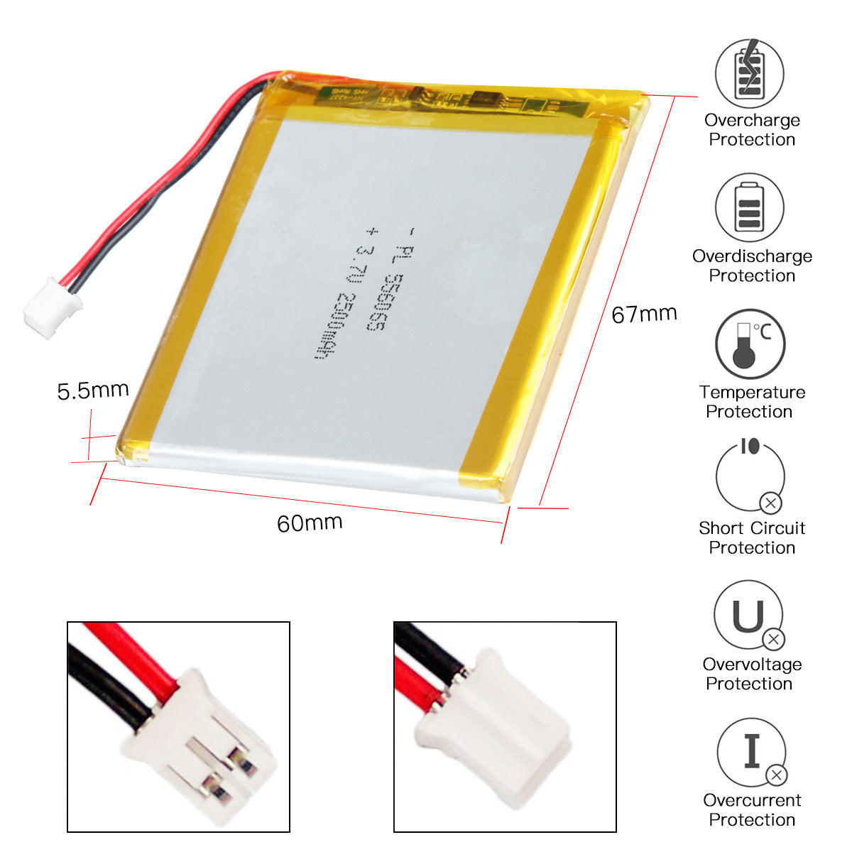 YDL 3.7V 2500mAh 556065 Rechargeable Lipo Battery with JST Connector - YDL Battery